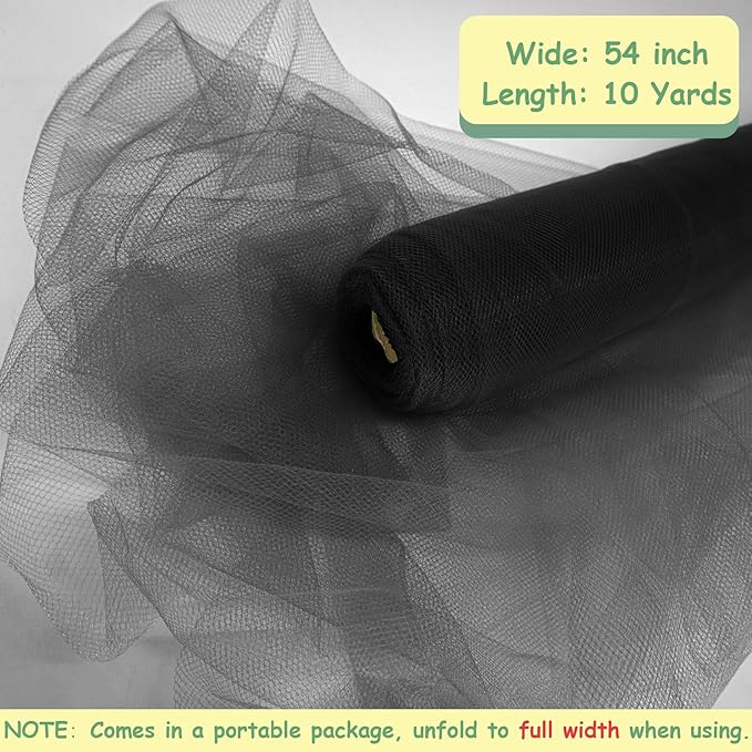 Black Tulle Fabric Rolls, 54 Inch by 10 Yards (30 ft) Tulle Ribbon for Wedding Party Decoration Sheer Fabric Spool Bolt, Ceiling Decor, Tutu Skirt, Christmas Gift Wrapping, Soft & Drape (Black)
