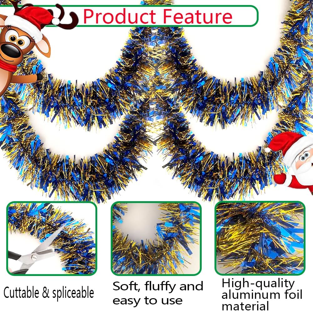 33Ft Christmas Tinsel Garland Xmas Tree Decorations Shiny Thick Metallic Twist Garland Ceiling Hanging Decor for Xmas New Year Birthday Party Indoor Outdoor Supplies-Blue & Gold