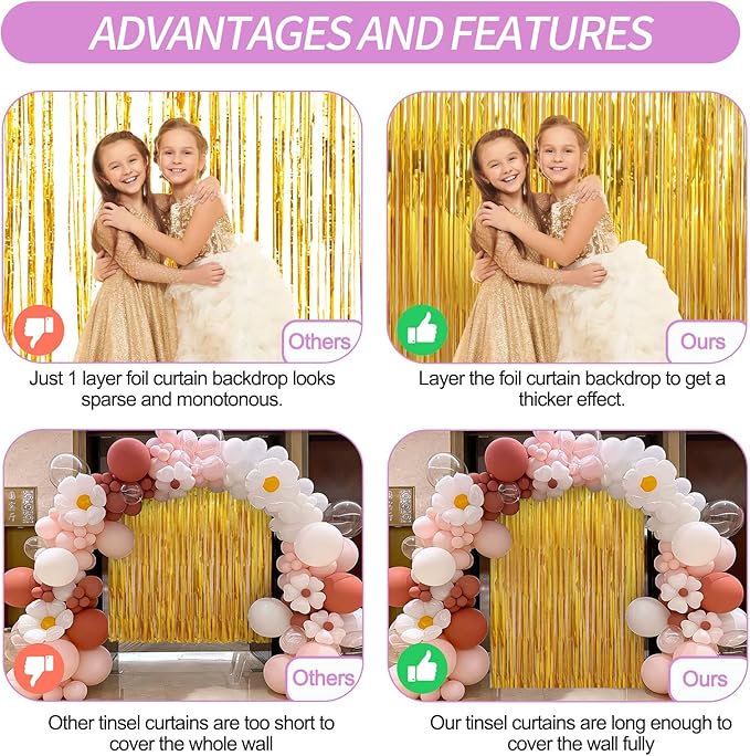 Crosize 4 Pack 3.3 x 9.9 ft Gold Foil Fringe Curtains Party Decorations, Gold Tinsel Curtain Backdrop for Parties, Door Streamers, Glitter Streamer Fringe Backdrop for Birthday Decoration
