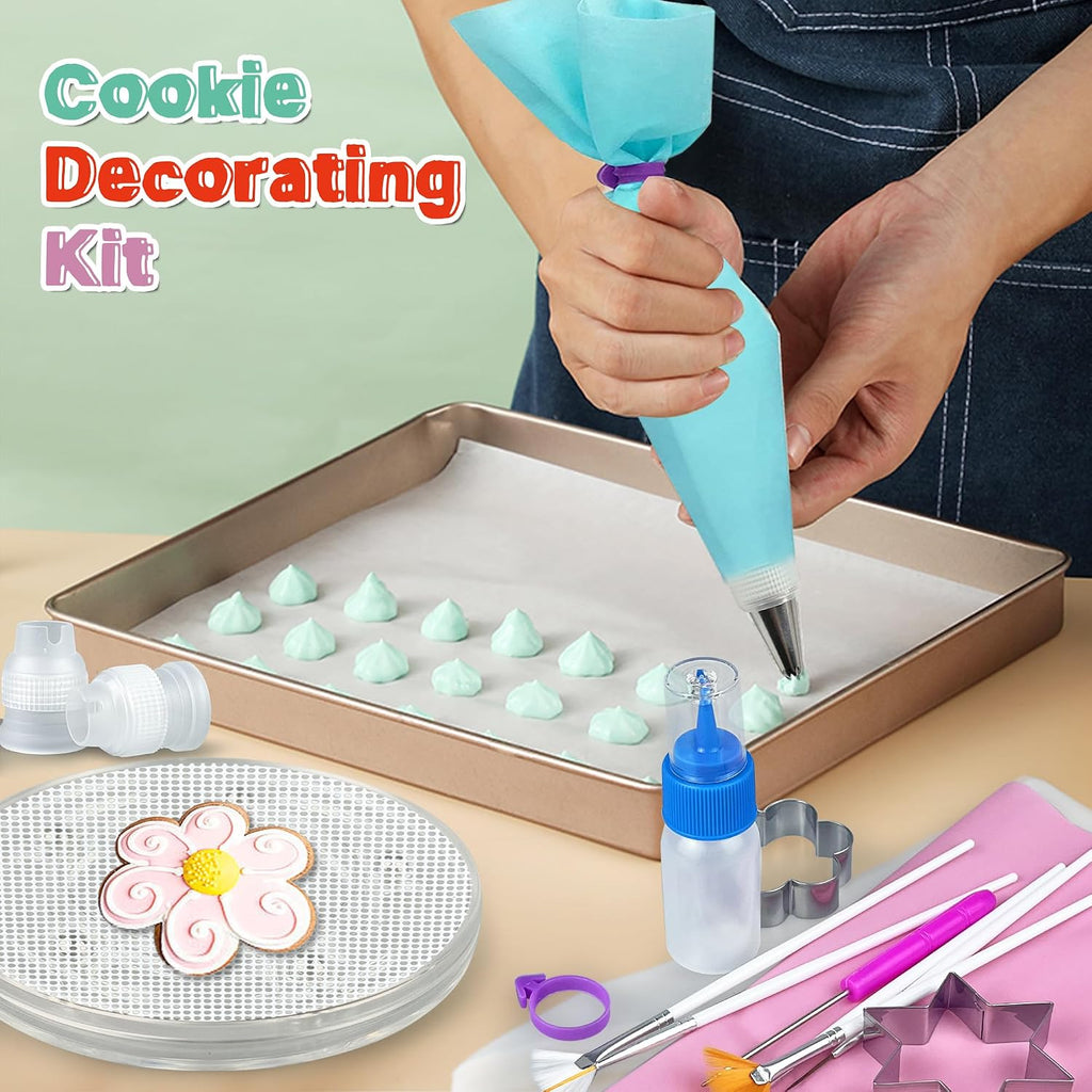 112 PCS Cookie Decorating Kit Supplies Including Acrylic Turntable Brushes Scribe Needle Bags Icing Bottle for Cookie Cupcake Cake Decoration