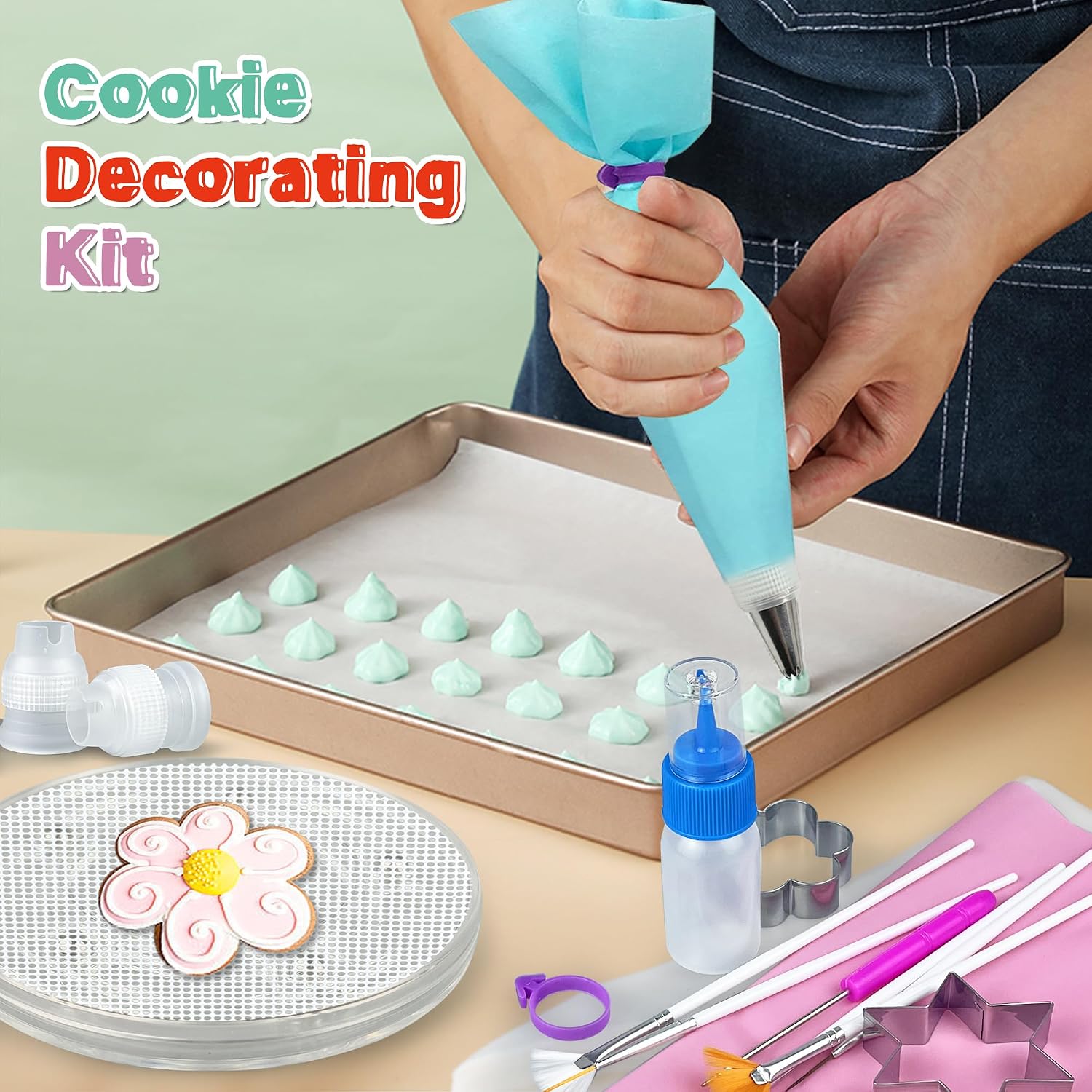 112 PCS Cookie Decorating Kit Supplies Including Acrylic Turntable Brushes Scribe Needle Bags Icing Bottle for Cookie Cupcake Cake Decoration