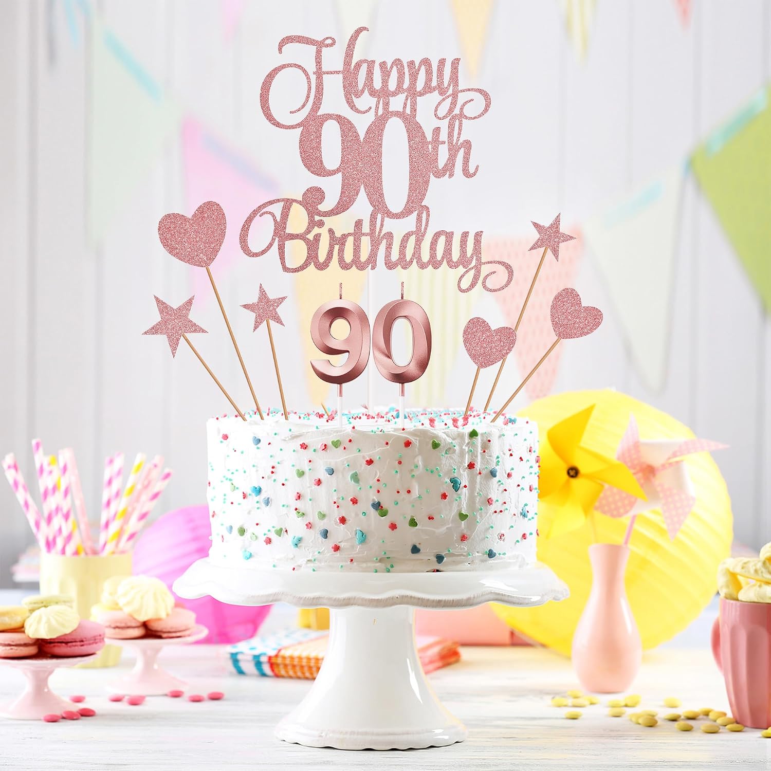 90th Birthday Cake Toppers, 90th Birthday Candles Numeral Candles and Glitter Cake Decorations Toppers Set for Party Supplies (Rose Gold)