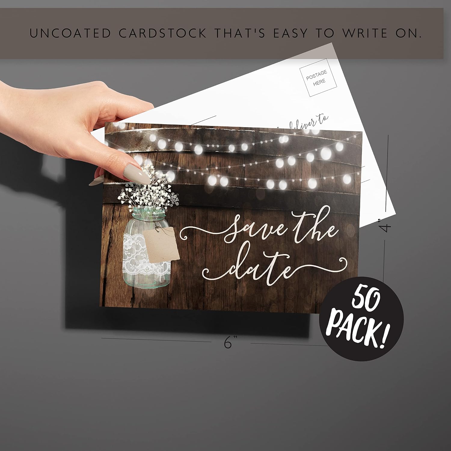 Your Main Event Prints 50 Rustic Mason Jar Save The Date Cards for Wedding, Engagement, Anniversary, Baby Shower, Birthday Party, Wood Save The Dates Postcard Invitations (Pack of 2)