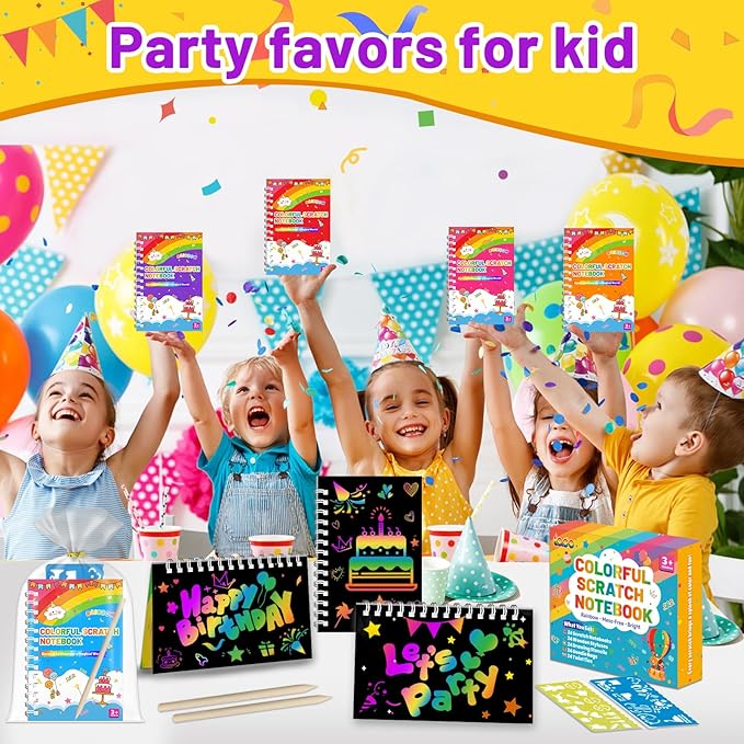 Party Favors for Kids: 24 Pack Scratch Art Notebooks with Rainbow Colors, 2-in-1 Coloring & Scratch Books, Bulk Birthday Gifts, Goodie Bags, Classroom Prizes for Boys & Girls