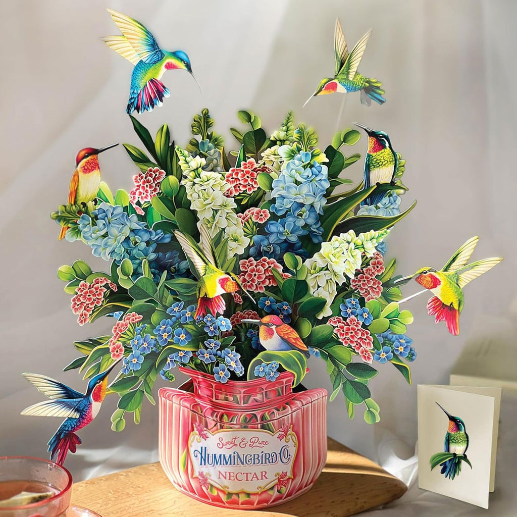 Freshcut Paper Pop Up Cards, Hummingbird Oasis, 12 Inch Life Sized Forever Flower Bouquet 3D Popup Greeting Card, Birthday Cards, Thank You Card, Blank Notecard & Envelope