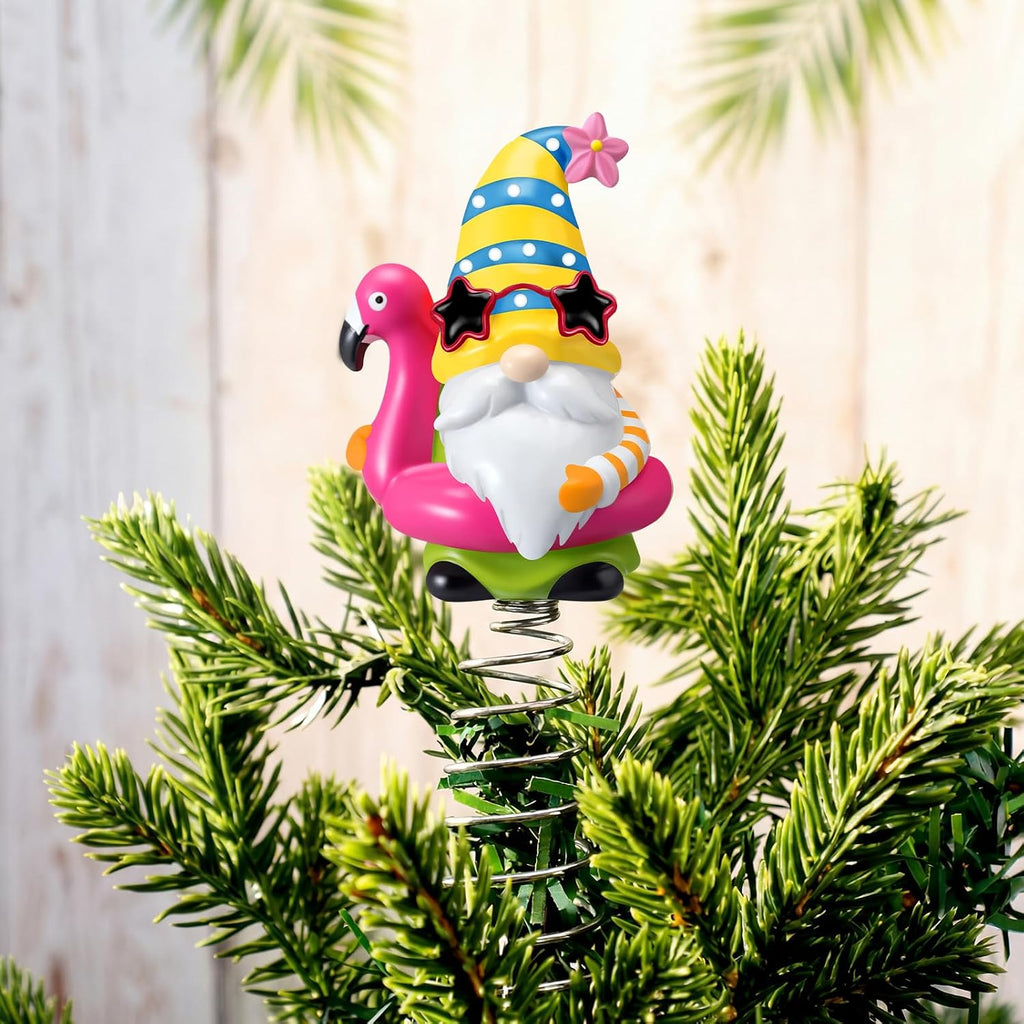 Gejoy Summer Flamingo Gnome Mini Tree Topper 5.1 Inch Tropical Beach Gnome with Spring Base, Mini Summer Tree Top Decorations for Luau Hawaiian Party Tiered Tray Tabletop Decor