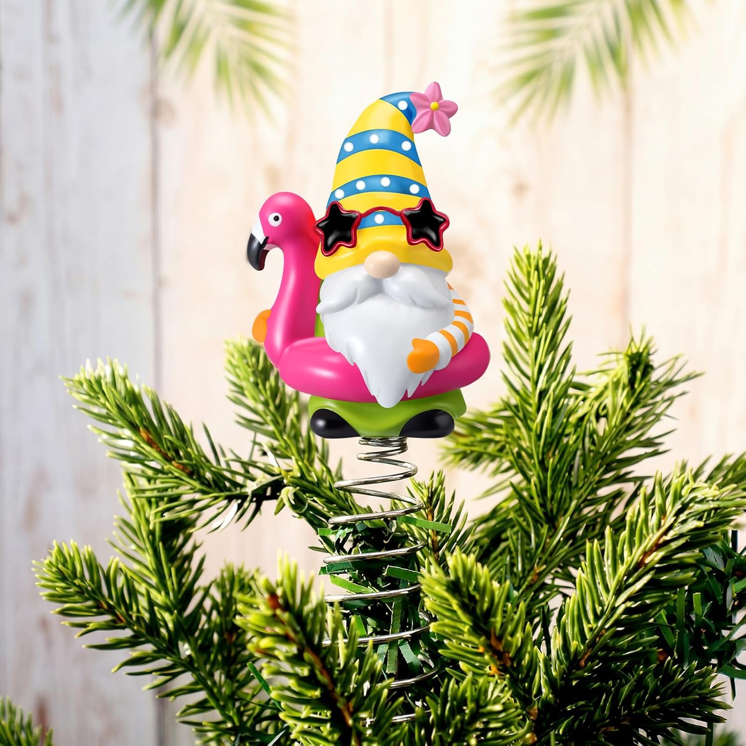 Gejoy Summer Flamingo Gnome Mini Tree Topper 5.1 Inch Tropical Beach Gnome with Spring Base, Mini Summer Tree Top Decorations for Luau Hawaiian Party Tiered Tray Tabletop Decor