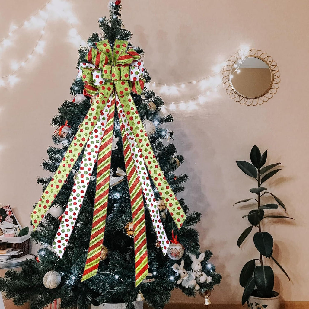 Christmas Tree Topper Wreath Bow Large Green Christmas Bow Tree Topper, Red Green Dot Polyester Gift Bows for Xmas Ornament Holiday Home Thanksgiving Indoor/Outdoor Decoration 45"x13"