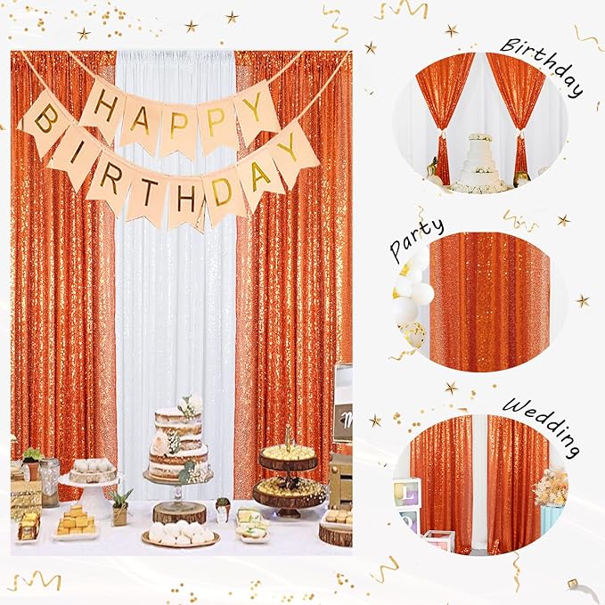 ShinyBeauty 4x10ft Sequin Backdrop Curtains - 4-Panel Orange Glitter Photography Background for Parties, Halloween, Christmas Decor (Reusable)