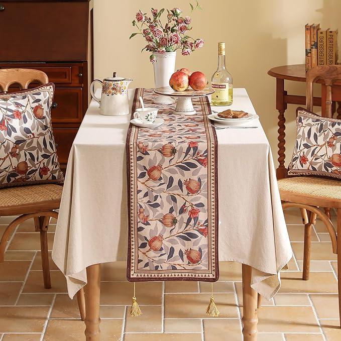 patdrea Designer Vintage SaddleBrown Linen Table Runner 87 Inch Long, Pomegranates Pattern Table Mat, Decoration for Kitchen Dining Table Coffee Table Shelf Cabinet Banquet Christmas ,12"*87"
