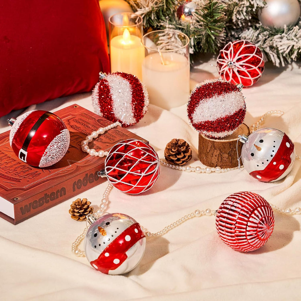 JORNOY Christmas Tree Ornaments Set of 12, 3.15inch/80MM Shatterproof Plastic Xmas Tree Ball Ornaments Bulk Decorative Hanging Baubles for Xmas Tree Decor Holiday Party Decorations, Red & White