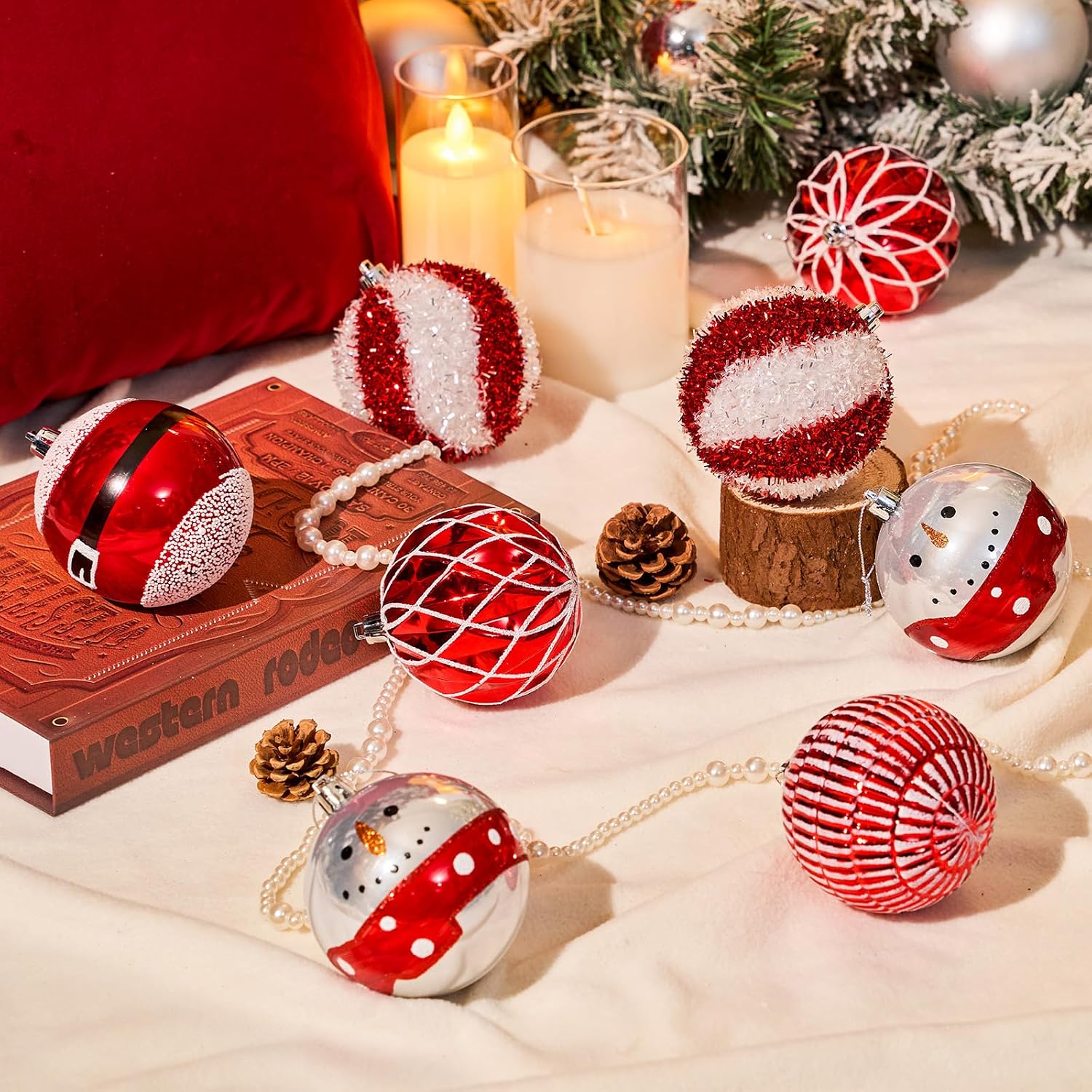 JORNOY Christmas Tree Ornaments Set of 12, 3.15inch/80MM Shatterproof Plastic Xmas Tree Ball Ornaments Bulk Decorative Hanging Baubles for Xmas Tree Decor Holiday Party Decorations, Red & White