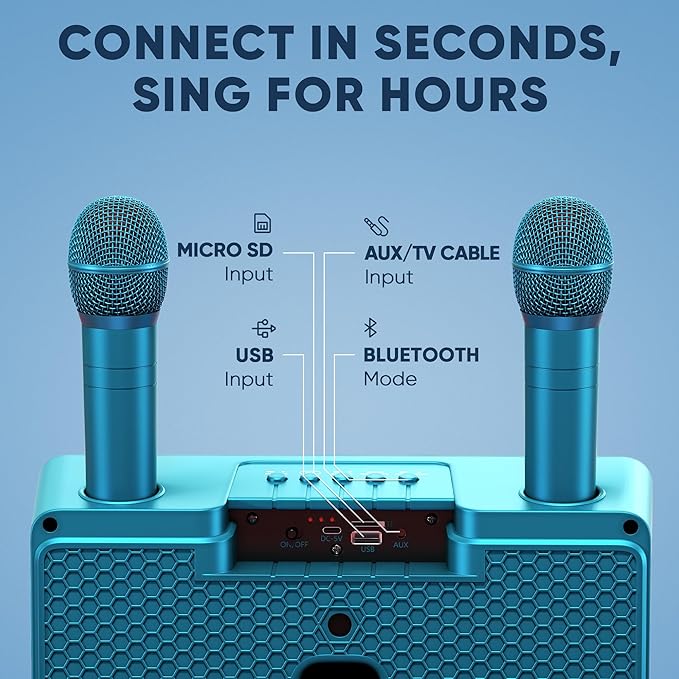 MASINGO Karaoke Machine for Adults and Kids with 2 Wireless Microphones, Portable Bluetooth Singing Speaker, Colorful LED Lights, PA System, Lyrics Display Phone Holder, and TV Cable. Presto G2