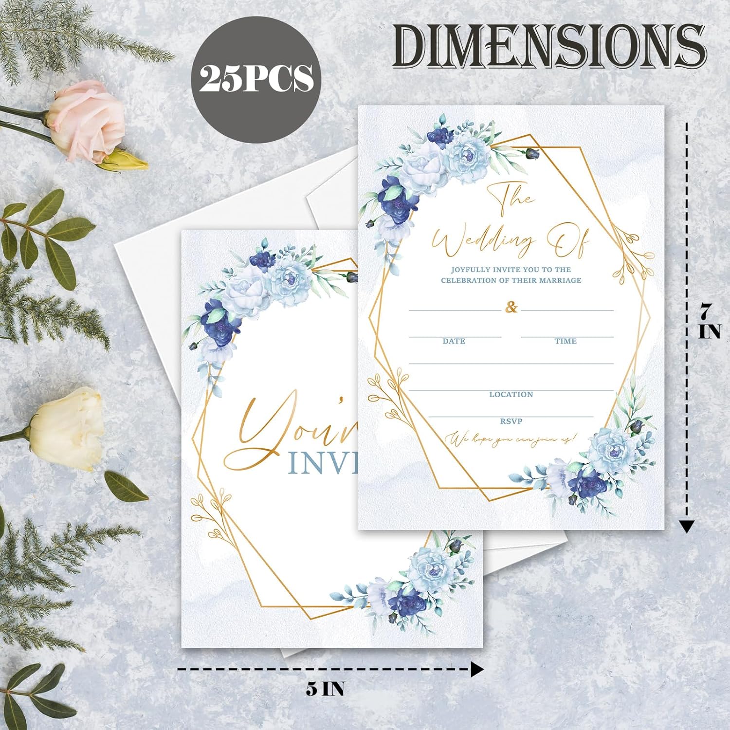 Dusty Blue Floral Wedding Invitations, 5"x 7" Elegant Blue Roses Wedding Invites Card With Envelopes, 25 PCS for Party Decorations and Supplies - A14