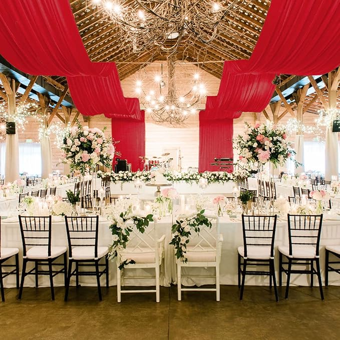 MODFUNS Red Ceiling Drapes for Parties Wedding Ceiling Drapery 2 Panels 5x20FT Chiffon Curtain for Backdrop Wedding Arch Draping Fabric for Ceremony Arbor Ceiling Curtains for Hall Stage Decorations