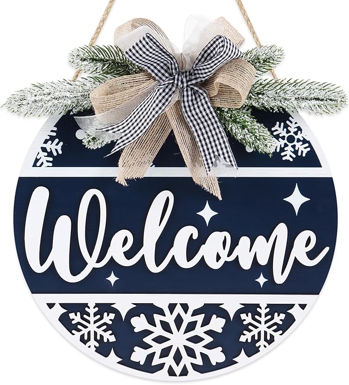 CHDITB Blue Welcome Winter Front Door Sign Wreath(11.4”), Wooden 3D Welcome Home Decoration Wall Hanging with Plaid Bow Snowflake, Farmhouse Christmas New Year Decor for Home Office