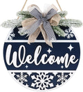 CHDITB Blue Welcome Winter Front Door Sign Wreath(11.4”), Wooden 3D Welcome Home Decoration Wall Hanging with Plaid Bow Snowflake, Farmhouse Christmas New Year Decor for Home Office