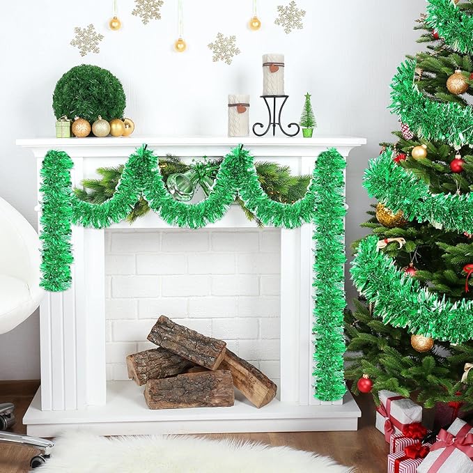 72 Feet Christmas Tinsel Garland Shiny Metallic Tinsel Twist Garland Streamers Ornaments Long Glitter Christmas Tree Hanging Decorations for Party Holiday Wedding Birthday Tree Wall Rail (Green)
