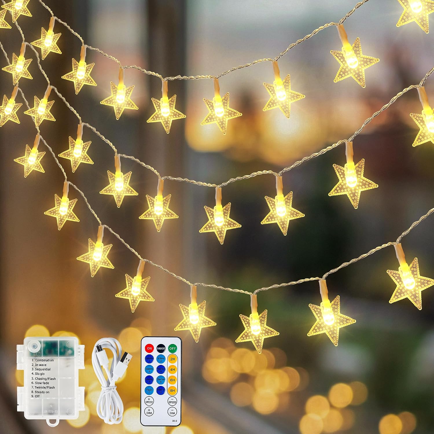 HEYFUNi Warm White Star String Lights with Remote, 16ft 50 LED | Cute Fairy Lights USB & Battery Operated, 8 Modes & Timer, Waterproof Hanging Star Decor for Bedroom, Nursery, Dorm Decor