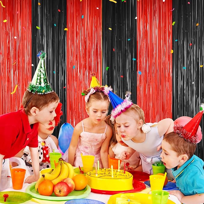 2Pack Black Red Backdrop Curtains Party Decor, Door Streamers Photo Booth Backdrop Metallic Party Streamer Tinsel Foil Fringe Curtains Backdrop Halloween Baby Shower Bachelorette Xmas Party Decors