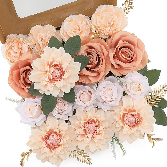 Floweroyal Artificial Flowers Fake Rose Flowers Dahlia with Stems for DIY Wedding Bridal Bouquets, Baby Shower, Floral Arrangement, Table Centerpieces, Home Decorations (Nude Color)