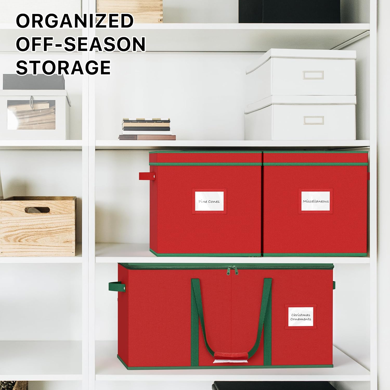 Simple Houseware Heavy-Duty Large Christmas Ornament Storage Box with Adjustable Dividers, Stores up to 128 Ornaments, Zipper Lid, Red