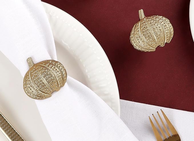 Gold Lightweight Metal Napkin Rings Set of 12 - Pumpkin Elegant Napkin Holders Modern Serviette Buckles Metallic Adornment for Table Settingsfor Thanksgiving, Fall, Halloween & Holiday - CLEENTABLE