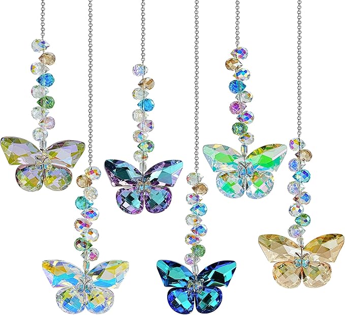 HDCRYSTALGIFTS 6PCS Crystal Butterfly Suncatchers for Window Hanging Ornaments, Rainbow Maker Sun Catchers Indoor Window Wedding Garden Home Decor Gifts