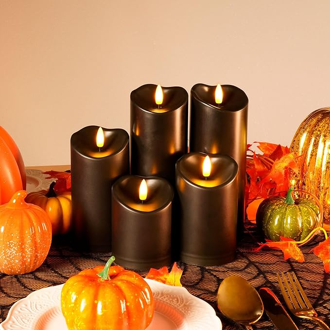 Amagic Black Halloween Flameless Candles with Remote, Waterproof Outdoor Candles Battery Operated with Timer, Plastic Flickering LED Pillar Candle for Holiday, Theme Party, Pumpkin Decor, Set of 5