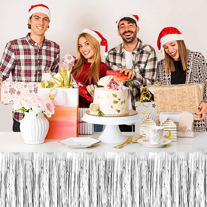 3 Pack 29 x108 Inch Silver Foil Fringe Table Skirts Metallic Banner for Tinsel Streamer Garland Backdrop for Parade Floats Mother's Day, Graduate, Birthday, Wedding Party Decoration