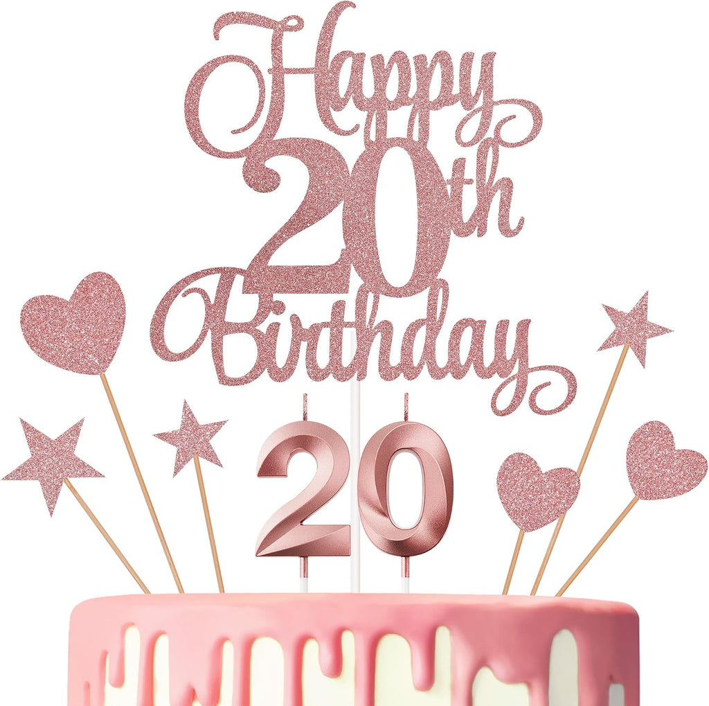 20th Birthday Cake Decorations, 20th Birthday Candles Cake Numeral Candles and Glitter Happy 20th Birthday Cake Toppers Set for Birthday Party Supplies (Rose Gold)