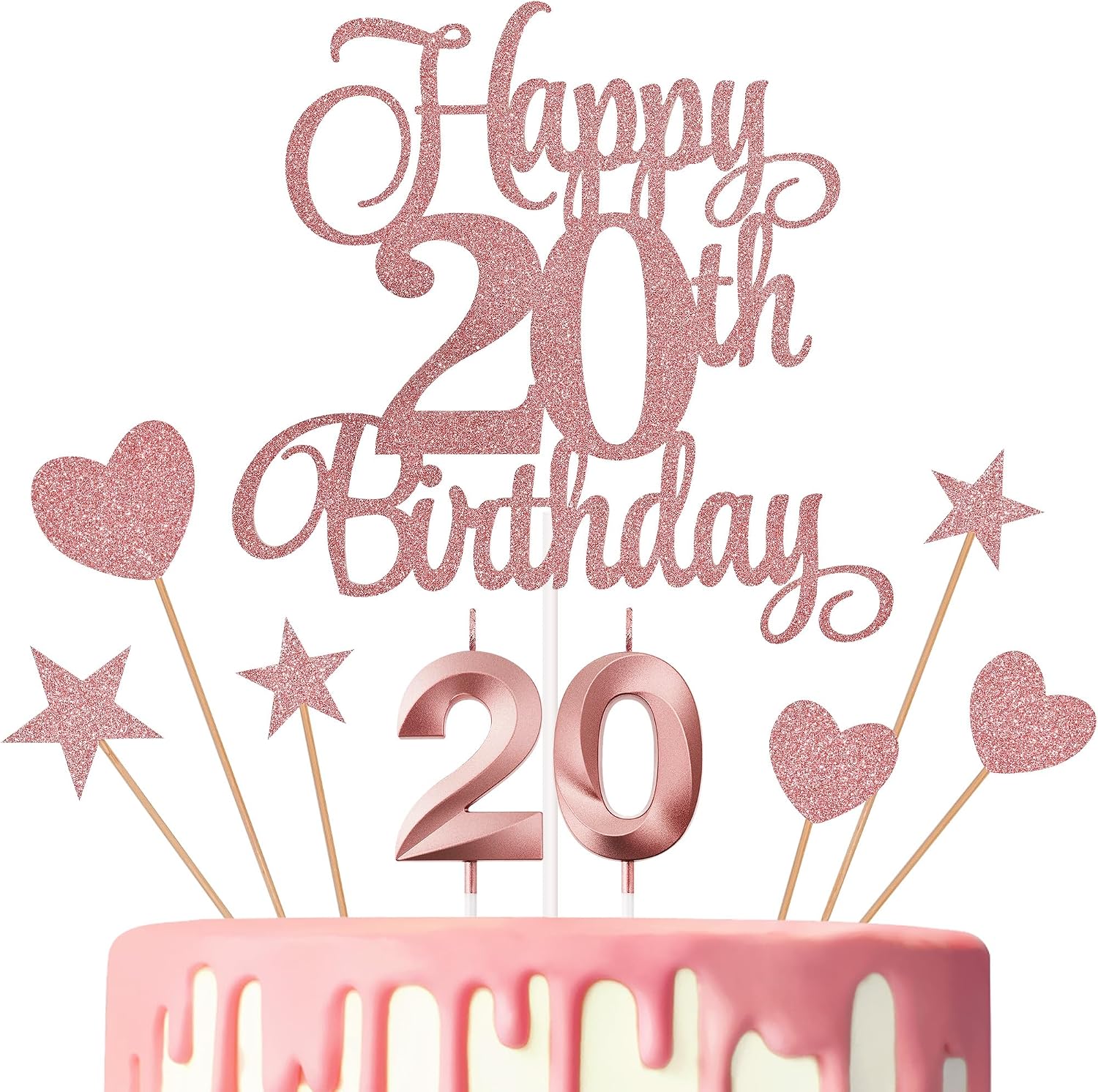 20th Birthday Cake Decorations, 20th Birthday Candles Cake Numeral Candles and Glitter Happy 20th Birthday Cake Toppers Set for Birthday Party Supplies (Rose Gold)