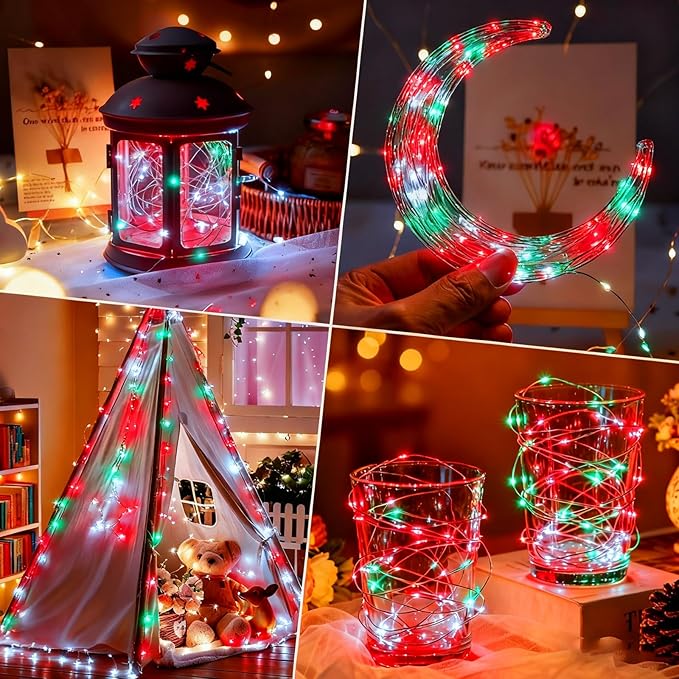 ZNYCYE 6 Pack Fairy Lights Battery Operated, 8.2 Ft 50 LED With Timer, 8 Modes Christmas Lights, Waterproof for Indoor Wedding Decorations (Red Green White)