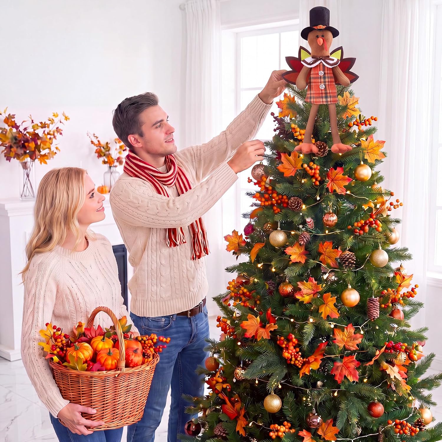 Soulchen 21 Inch Thanksgiving Turkey Tree Topper Plush Gnome Fall Tree Topper with Wings Hat and Dangle Legs Harvest Autumn Ornament for Home Farmhouse Party Decor