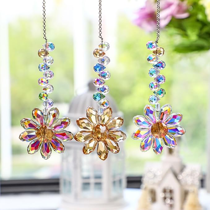 HDCRYSTALGIFTS 6PCS Crystal Sunflower Suncatchers Hanging Ornaments, Crystal Window Sun Catchers Rainbow Maker Light Catcher Indoor Outdoor Garden Decor Glass Christmas Ornaments