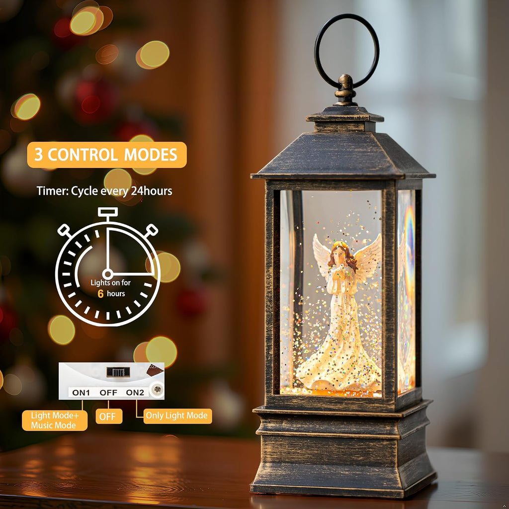 10'' musical snow globe lantern lighted angel with, side view