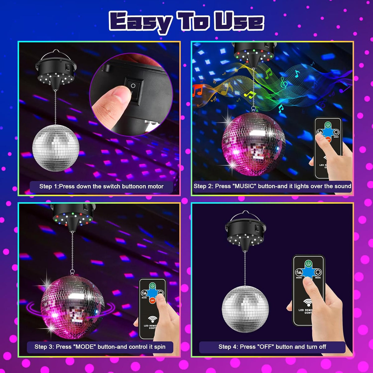 Disco Ball with Motor and Light - 10 RPM Rotating Motor 6 Inch Mirror Ball