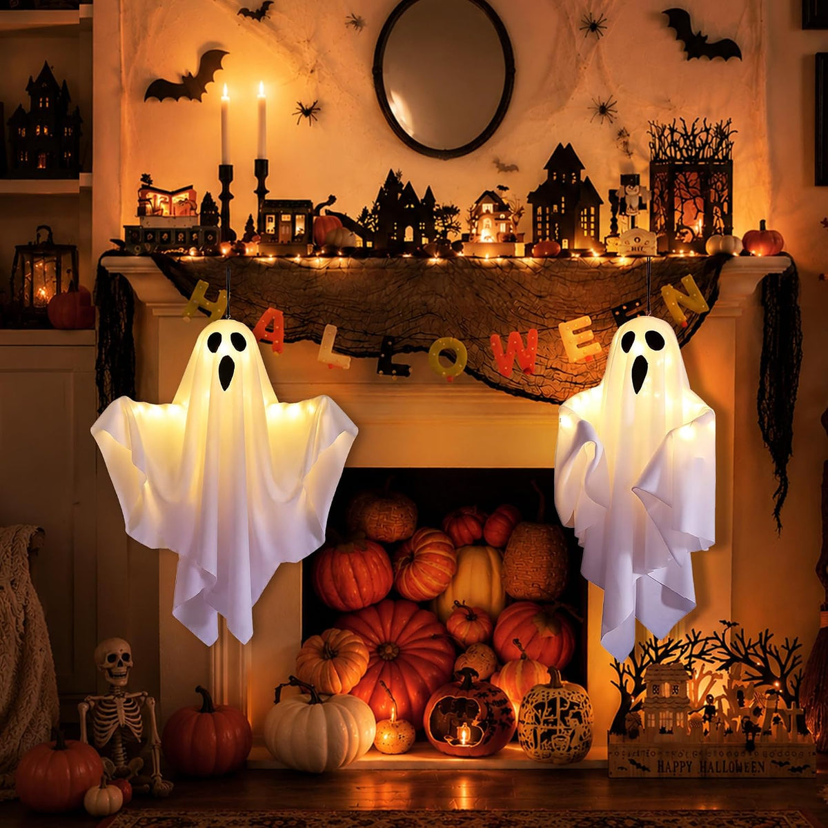 4 Pack 27.5 Inch Swinging Hanging Ghost Lights Battery Operated Halloween Dec...