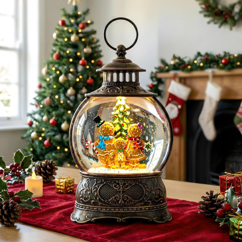 Christmas Snow Globe Water Lantern with Gingerbread Scene Battery Operated or USB Powered Musical Lighted Holiday Decoration for Tabletop Display for Family and Friends
