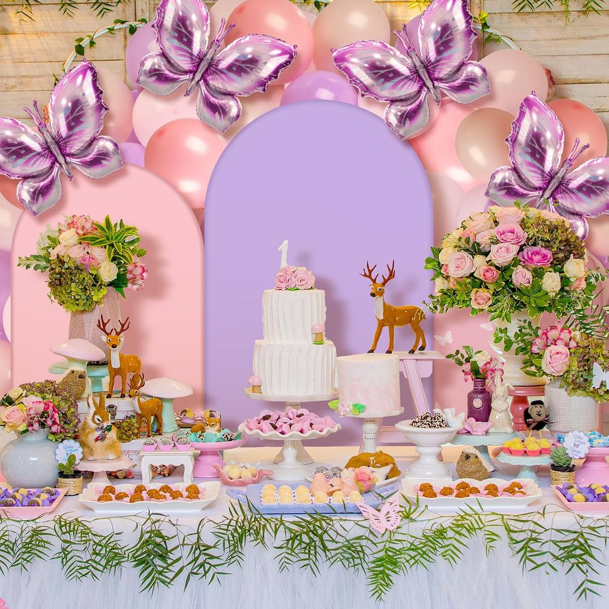 foilswirl 34 pcs butterfly party decor, butterfly arch shown in use