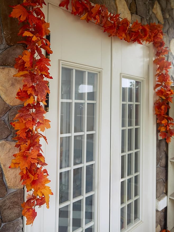 PARTY JOY 6PCS Orange Leaf Garland, 5.6Ft Halloween Garland Artificial Maple Leaf Autumn Hanging Fall Vines Thanksgiving Decorations Fall Decor