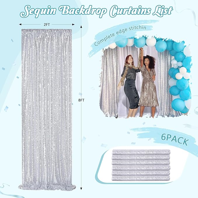 Silver Sequin Backdrop Curtains Drapes 6 Pieces 2ftx8ft Sparkly Christmas Background for Brithday Wedding Fabric Decoration