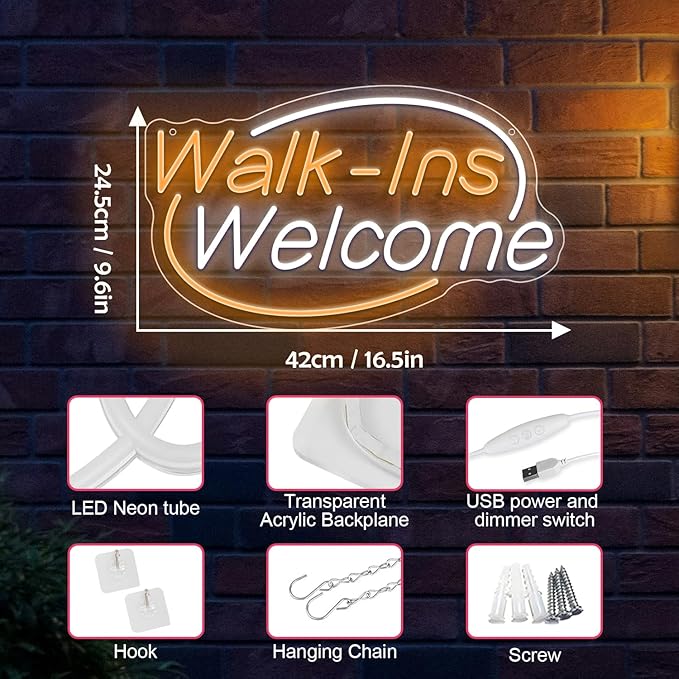 Walk-Ins Welcome Neon Sign, Neon Sign For Wall Decor, Yellow + white Led Signs Usb Powered, Living Game Room Decor, For Bedroom Restaurant Bar Hotel Shop Party Birthday(16.5x9.4in)