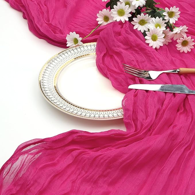 6 Pack Hot Pink Cheesecloth Table Runner 10ft Boho Gauze Fabric Cheese Cloth Table Runner 35 x 120 Inch Rustic Sheer Runner for Romantic Wedding Decor Baby Shower Party Table Centerpiece Decoration