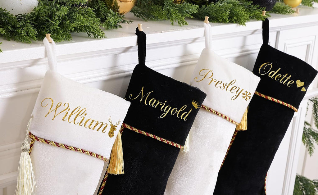 Personalized Christmas Stockings 1 Pack White Black Custom Christmas Stockings with Names Initials 20" Large Velvet Luxury Modern Kids Family Xmas Stocking for Farmhouse Holiday Fireplace