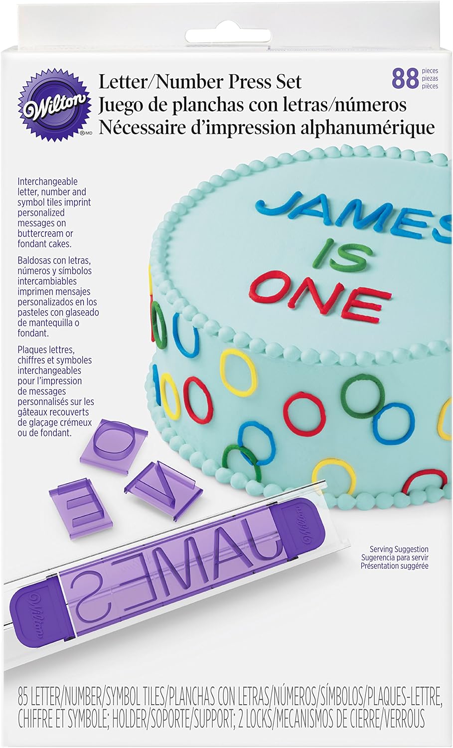 Wilton Cake Letter and Number Press Set, Use on Fondant or Buttercream Frosting, Ideal for Decorating Personalized Birthday Cakes, Includes 1 Holder, 2 Locks, and 85 Assorted Tiles, Purple