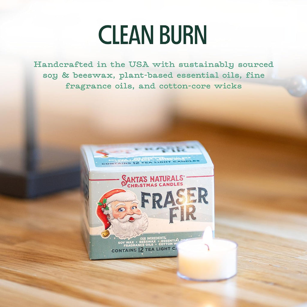 Santa's Naturals Fraser Fir Christmas Tea Light Candles, Pack of 12 | Soy & beeswax blend candles with fresh fir, cedar & cypress scent; up to 4-hour burn time each