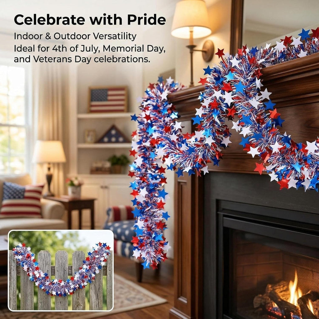 RAINFLOW Patriotic Tinsel Garland 4th of July Decorations - 5 Pack 32.8FT Red White Blue Star Metallic Decor for Parade Golf Cart Car Tree Party Outdoor Independence Day Memorial Day