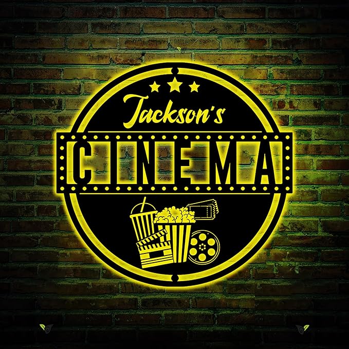 Custom Movie and Popcorn Metal Wall Art LED Light Custom Family Cinema Home Theater Name Sign Home Decor Theater Decor Xmas Birthday Gift