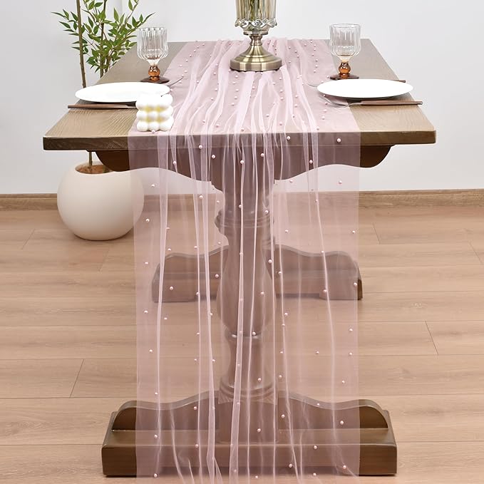 Joanlody Fall Pearl Table Runner 10ft Rustic Boho Tulle Table Runner with Pearls for Baby Shower Wedding Party Veil Dessert Thanksgiving Table Decor Pink